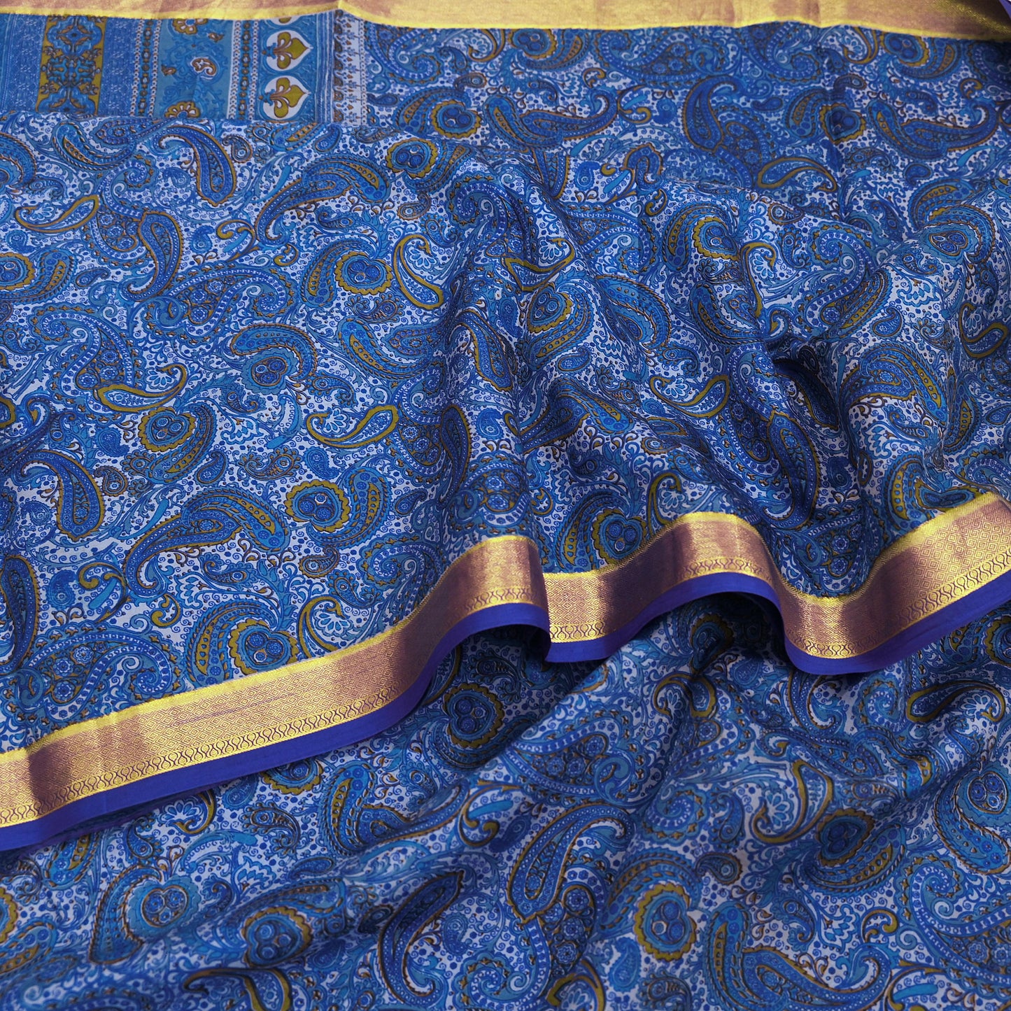 Vintage Sari Blue Pure Silk Printed Saree Fabric 5yard Sewing Soft Dress Designing for Crafting Quilting Upcycle Soft Zari Border
