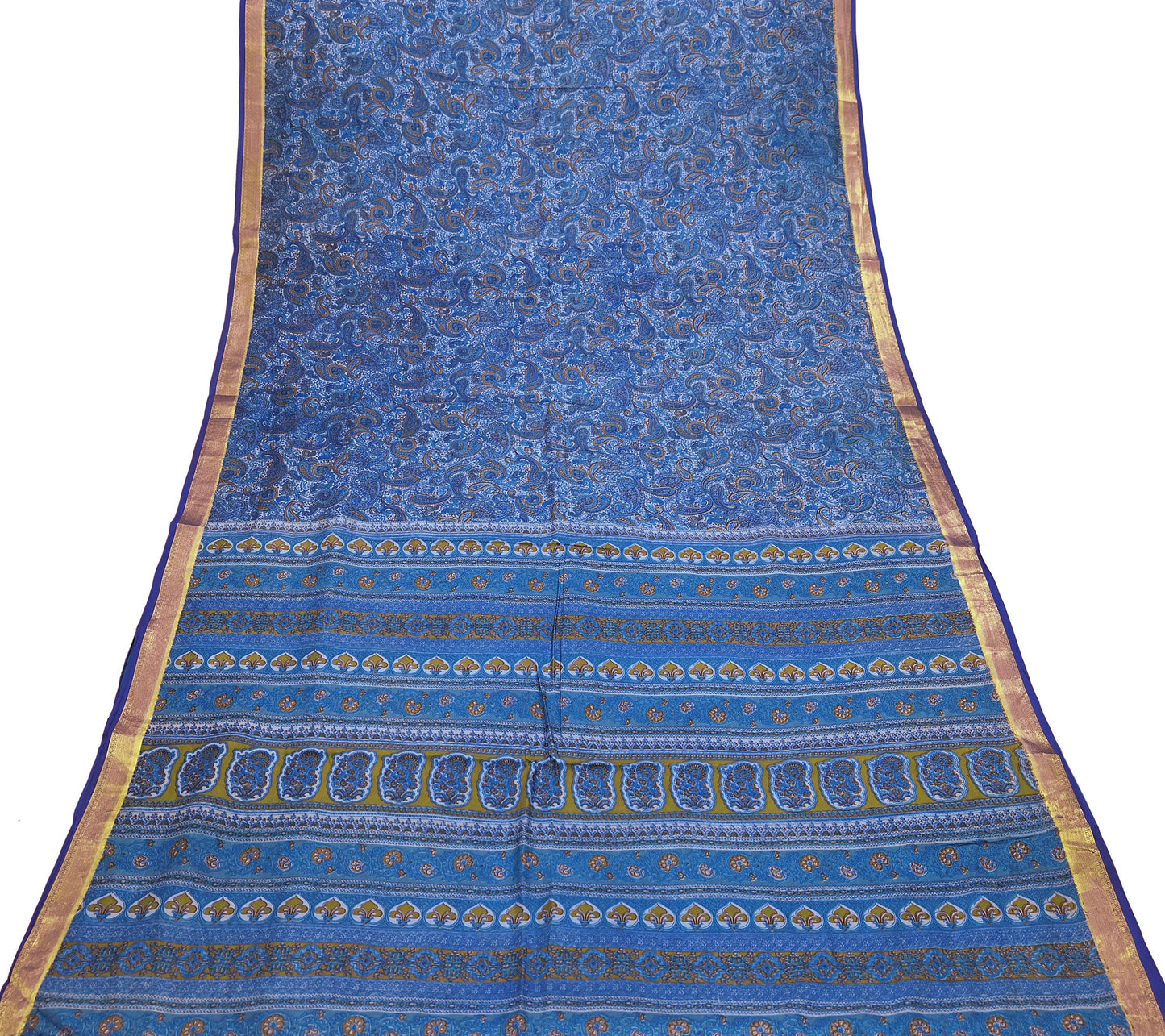 Vintage Sari Blue Pure Silk Printed Saree Fabric 5yard Sewing Soft Dress Designing for Crafting Quilting Upcycle Soft Zari Border