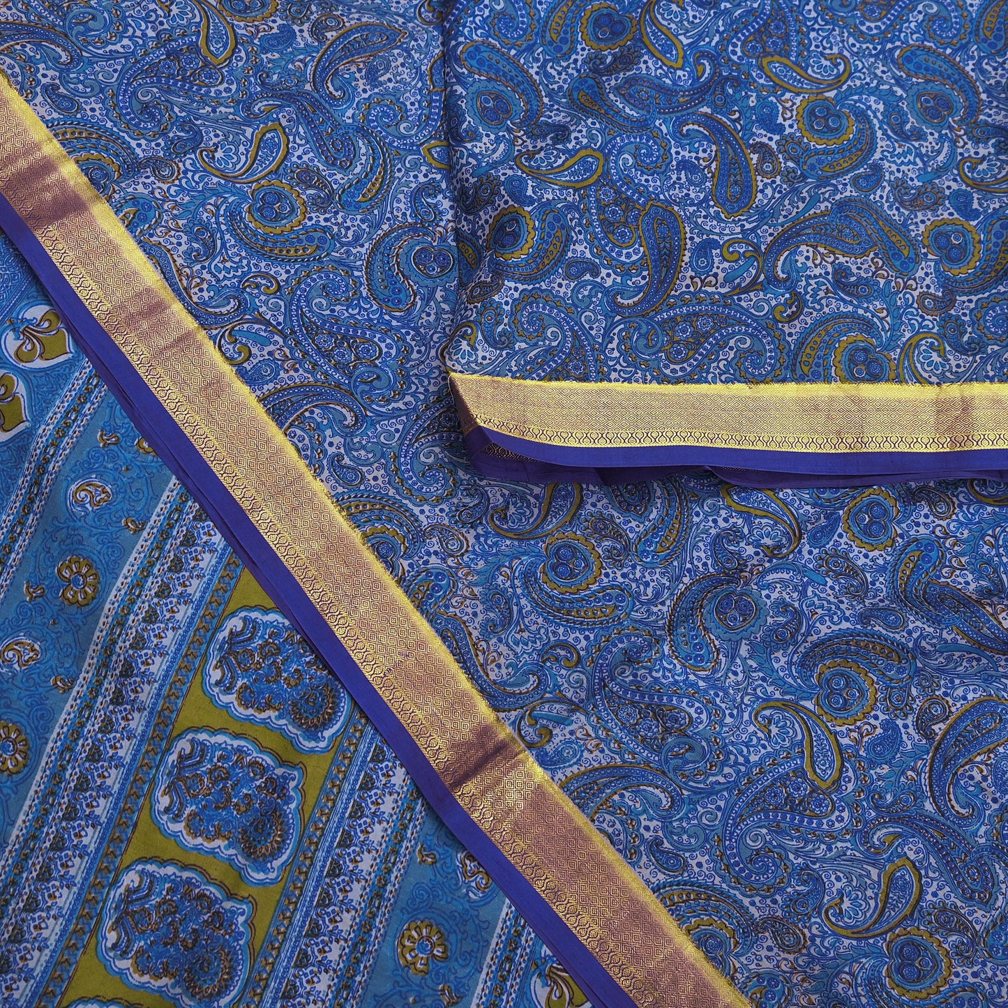 Vintage Sari Blue Pure Silk Printed Saree Fabric 5yard Sewing Soft Dress Designing for Crafting Quilting Upcycle Soft Zari Border