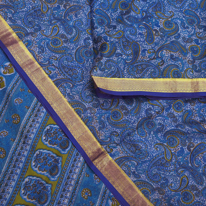 Vintage Sari Blue Pure Silk Printed Saree Fabric 5yard Sewing Soft Dress Designing for Crafting Quilting Upcycle Soft Zari Border