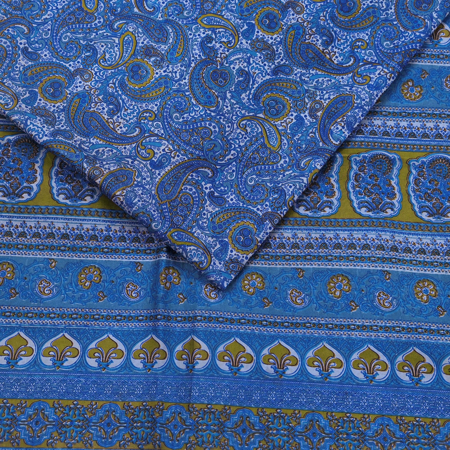 Vintage Sari Blue Pure Silk Printed Saree Fabric 5yard Sewing Soft Dress Designing for Crafting Quilting Upcycle Soft Zari Border