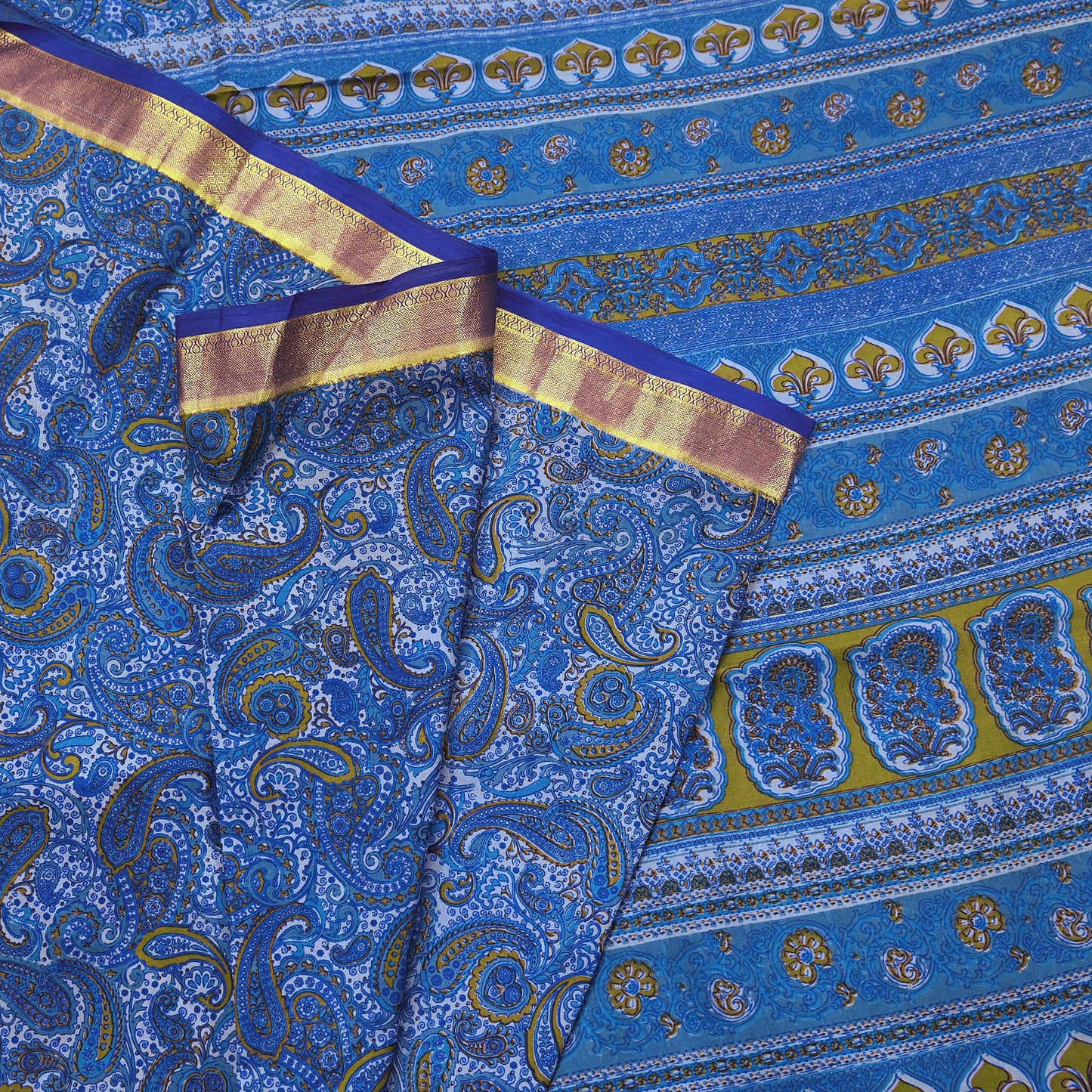 Vintage Sari Blue Pure Silk Printed Saree Fabric 5yard Sewing Soft Dress Designing for Crafting Quilting Upcycle Soft Zari Border
