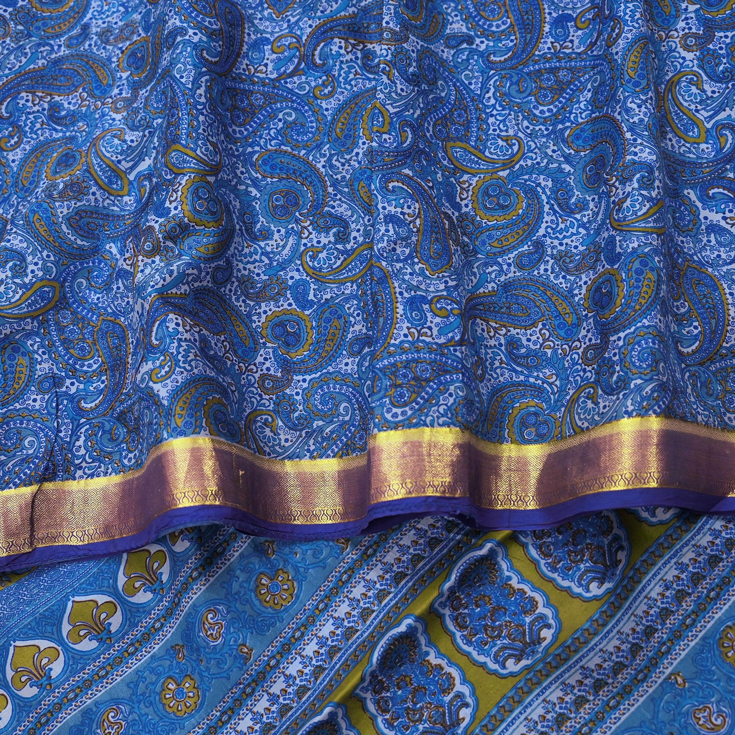 Vintage Sari Blue Pure Silk Printed Saree Fabric 5yard Sewing Soft Dress Designing for Crafting Quilting Upcycle Soft Zari Border
