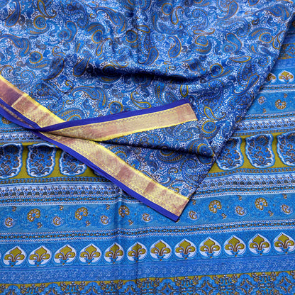 Vintage Sari Blue Pure Silk Printed Saree Fabric 5yard Sewing Soft Dress Designing for Crafting Quilting Upcycle Soft Zari Border