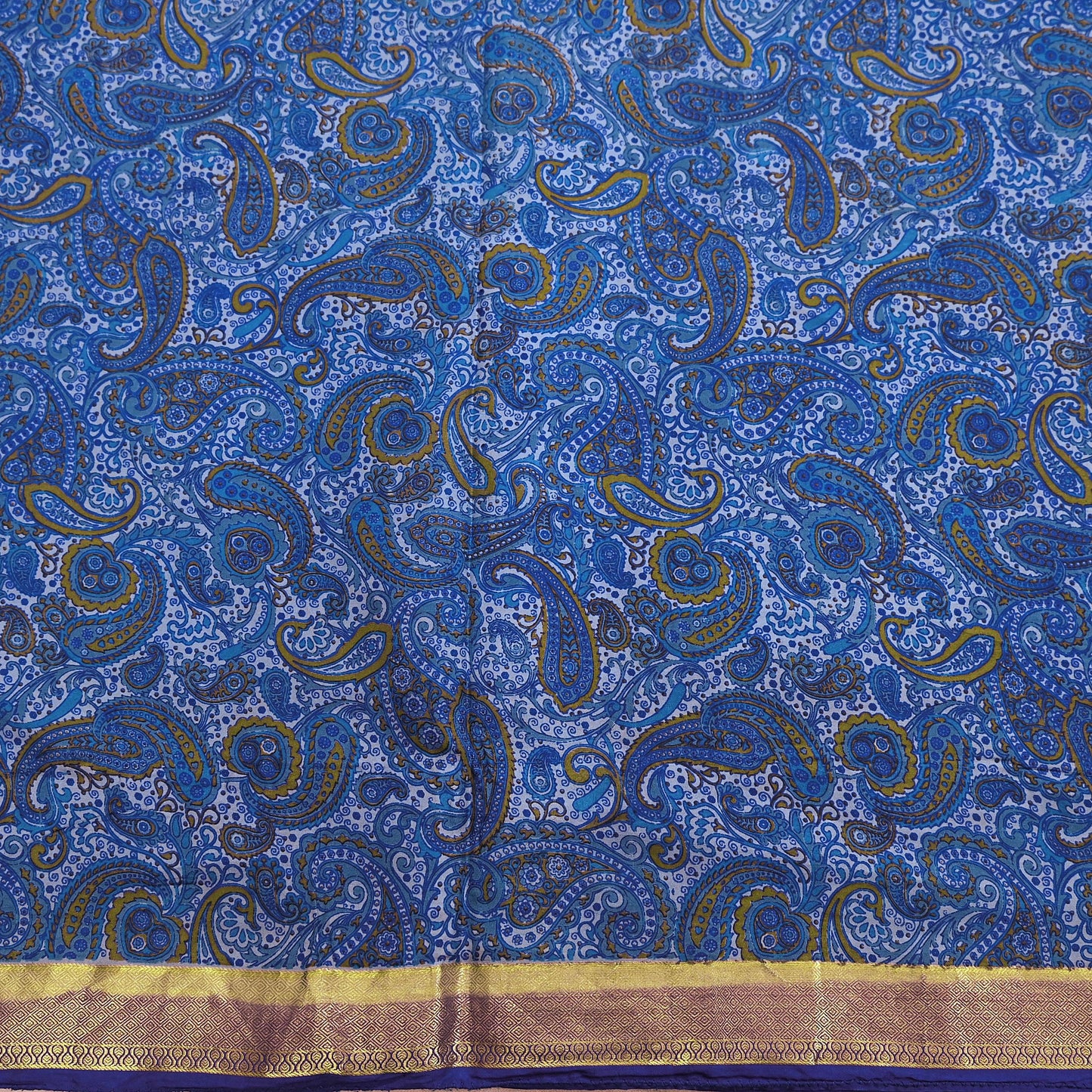Vintage Sari Blue Pure Silk Printed Saree Fabric 5yard Sewing Soft Dress Designing for Crafting Quilting Upcycle Soft Zari Border