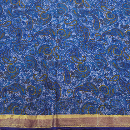 Vintage Sari Blue Pure Silk Printed Saree Fabric 5yard Sewing Soft Dress Designing for Crafting Quilting Upcycle Soft Zari Border