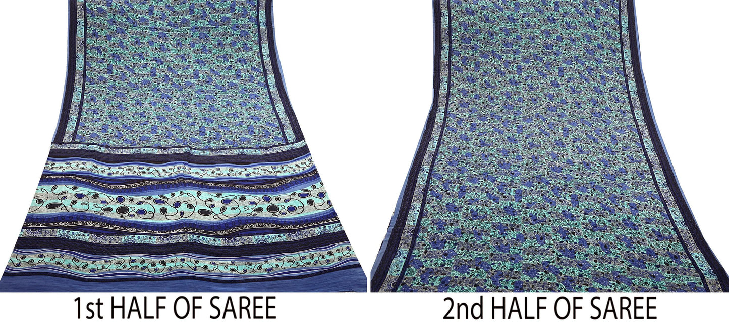 Two halves of a vintage pure crepe silk saree with different patterns on a white background