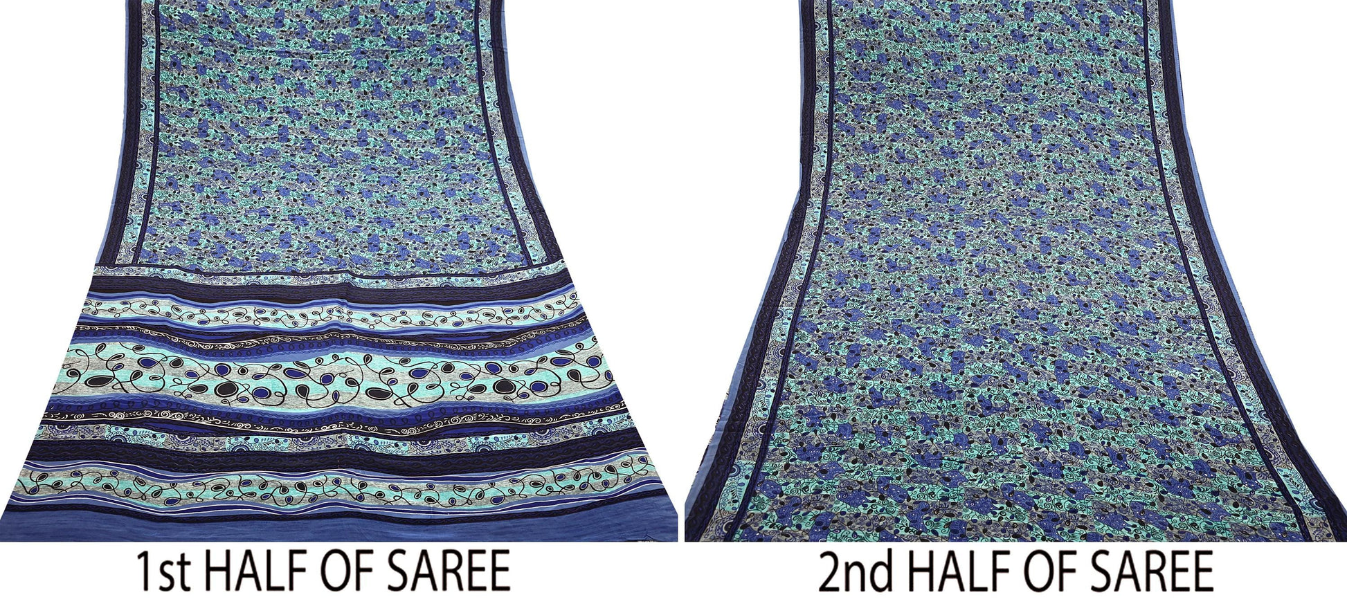 Two halves of a vintage pure crepe silk saree with different patterns on a white background