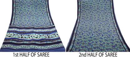 Two halves of a vintage pure crepe silk saree with different patterns on a white background