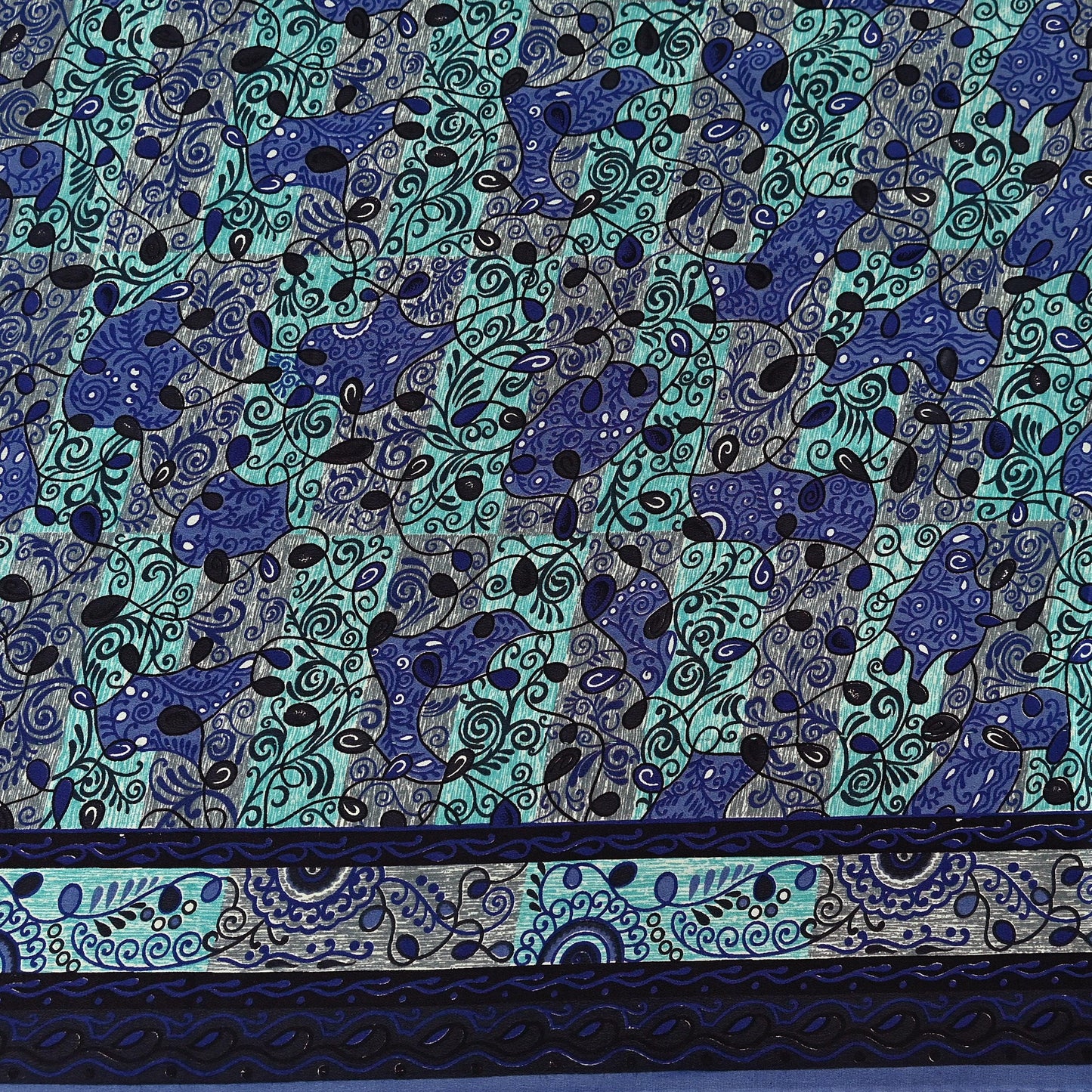 Patterned pure crepe silk saree fabric with blue and black designs