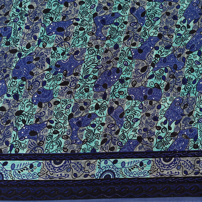 Patterned pure crepe silk saree fabric with blue and black designs