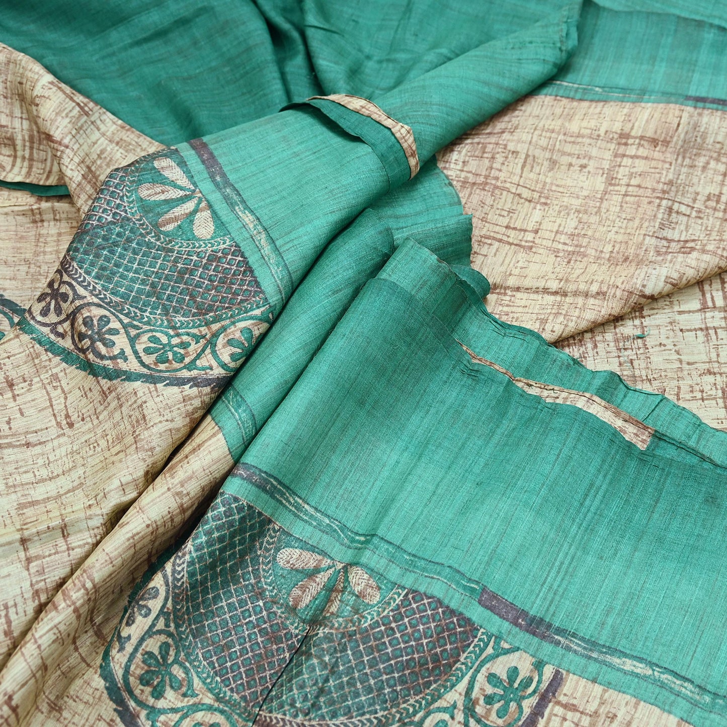 Indian Vintage Green & Beige Saree Pure Khadi Silk Handloom Printed Sari Fabric 5yd Ethnic Wear Sari Stripes Designs Dress making Crafting