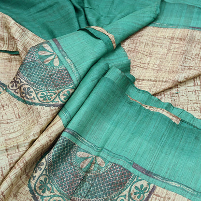 Indian Vintage Green & Beige Saree Pure Khadi Silk Handloom Printed Sari Fabric 5yd Ethnic Wear Sari Stripes Designs Dress making Crafting