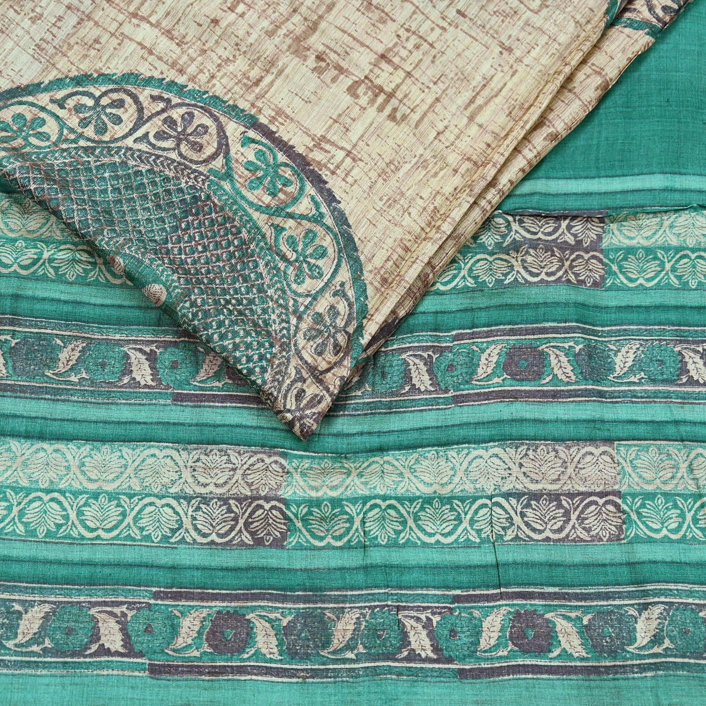 Indian Vintage Green & Beige Saree Pure Khadi Silk Handloom Printed Sari Fabric 5yd Ethnic Wear Sari Stripes Designs Dress making Crafting