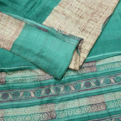 Indian Vintage Green & Beige Saree Pure Khadi Silk Handloom Printed Sari Fabric 5yd Ethnic Wear Sari Stripes Designs Dress making Crafting