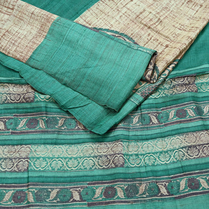 Indian Vintage Green & Beige Saree Pure Khadi Silk Handloom Printed Sari Fabric 5yd Ethnic Wear Sari Stripes Designs Dress making Crafting
