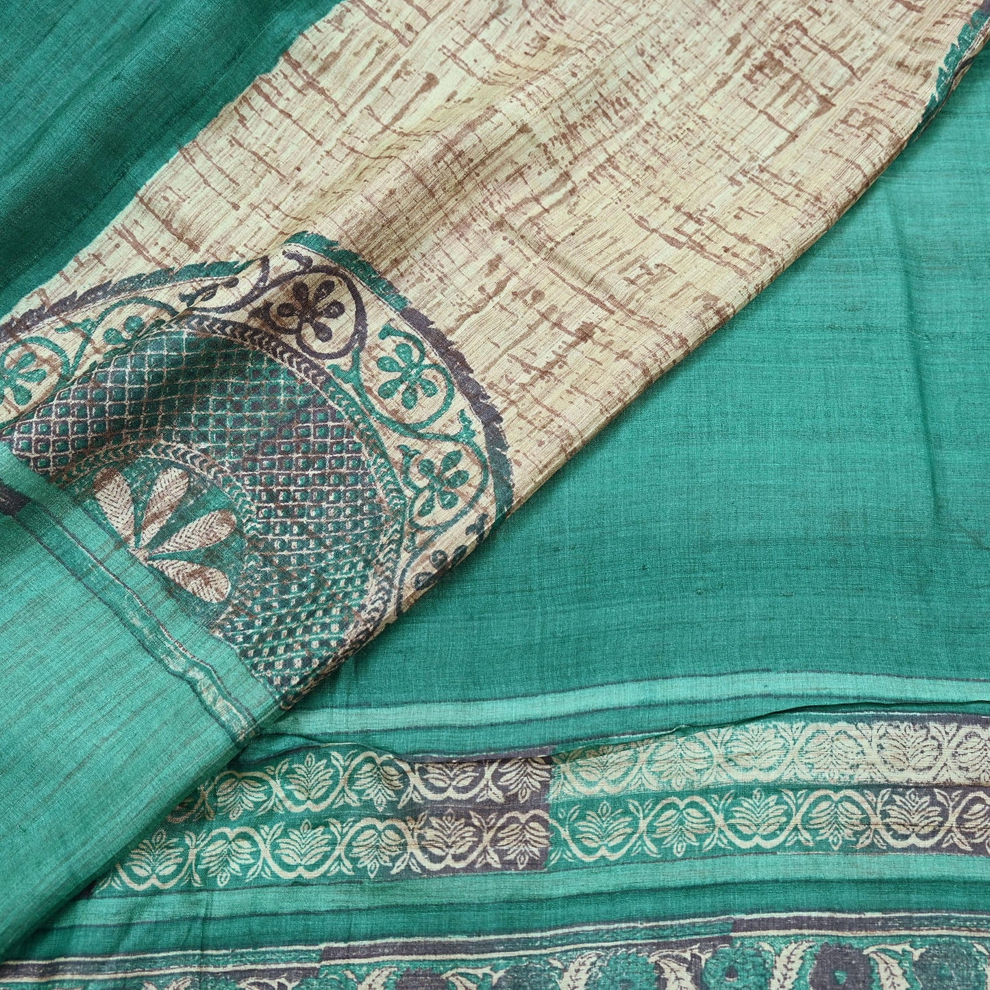 Indian Vintage Green & Beige Saree Pure Khadi Silk Handloom Printed Sari Fabric 5yd Ethnic Wear Sari Stripes Designs Dress making Crafting