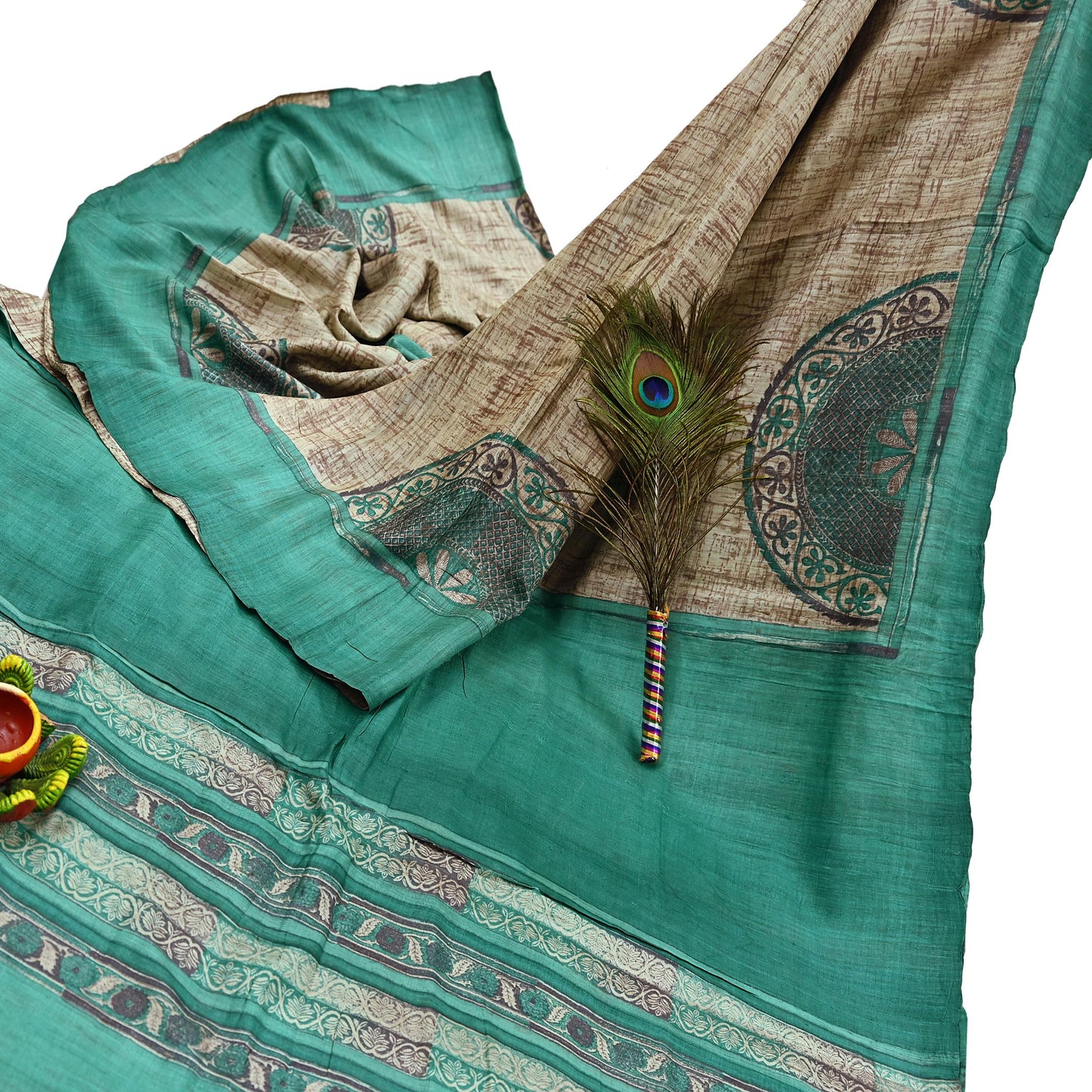 Indian Vintage Green & Beige Saree Pure Khadi Silk Handloom Printed Sari Fabric 5yd Ethnic Wear Sari Stripes Designs Dress making Crafting
