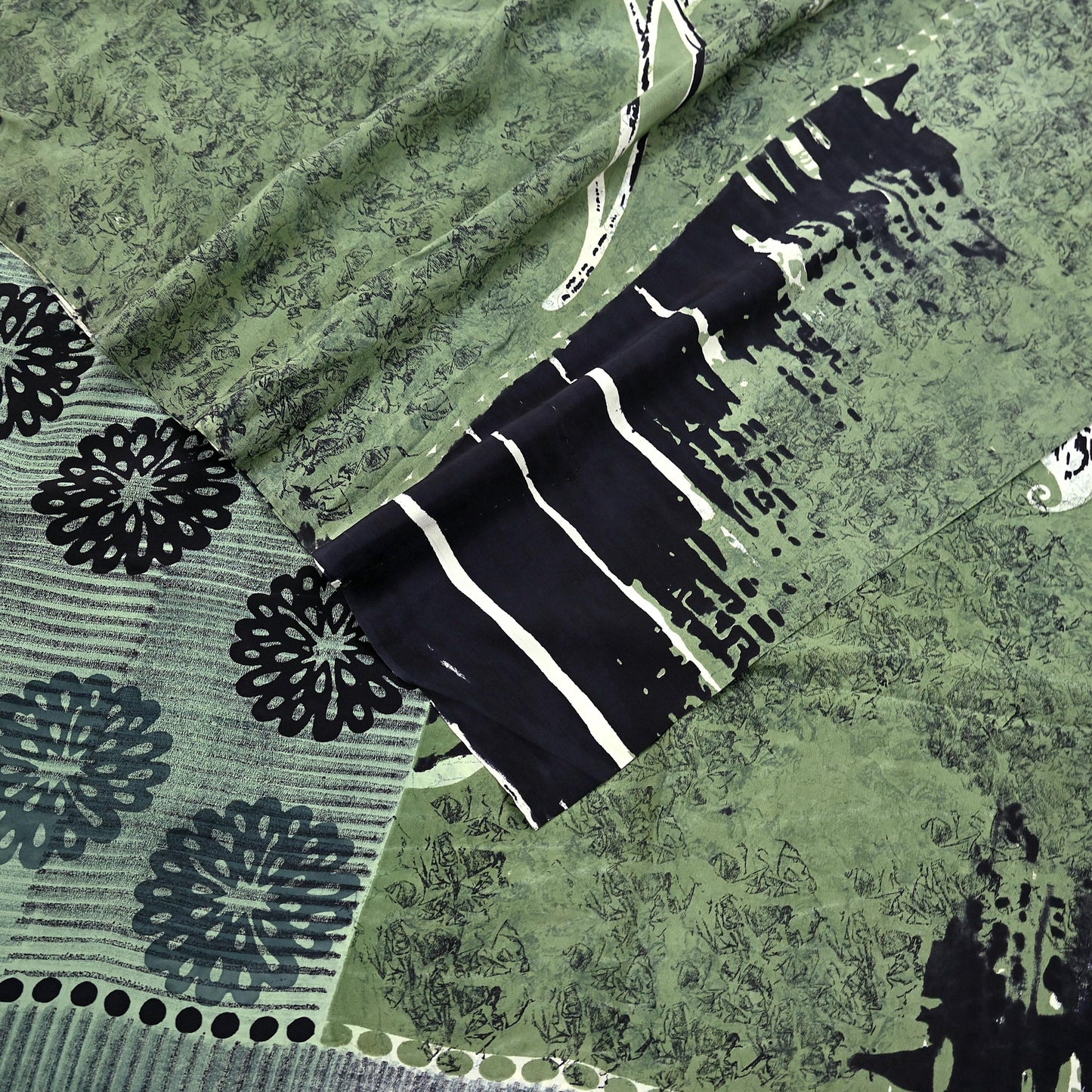 Black and white patterned pure crepe silk saree