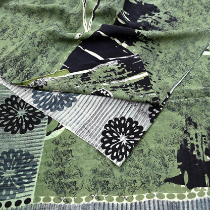 Vintage pure crepe silk saree with green and black floral patterns