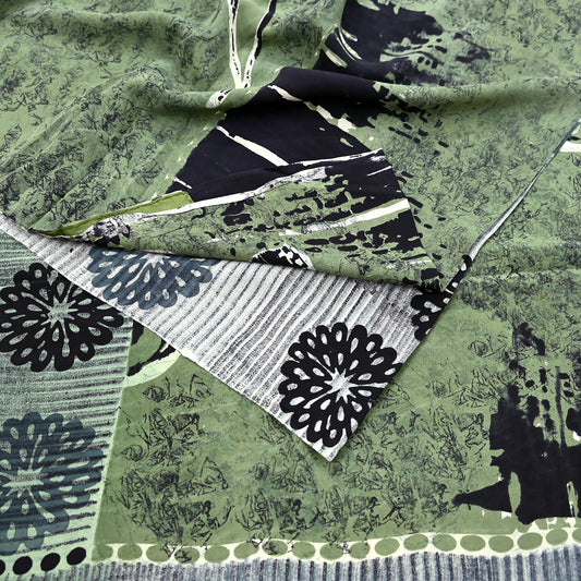Vintage pure crepe silk saree with green and black floral patterns
