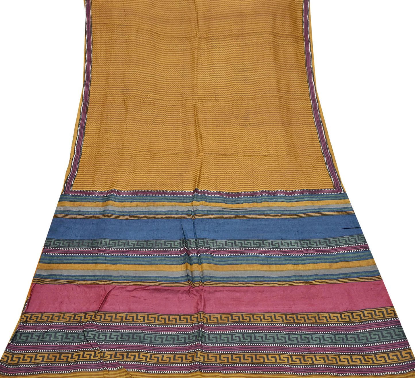 Indian Vintage Mustard Saree Pure Khadi Silk Handloom Printed Sari Fabric 5yd Ethnic Wear Sari Floral Designs Dress making Crafting