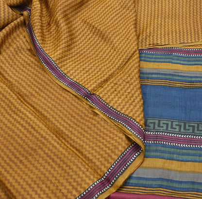 Indian Vintage Mustard Saree Pure Khadi Silk Handloom Printed Sari Fabric 5yd Ethnic Wear Sari Floral Designs Dress making Crafting