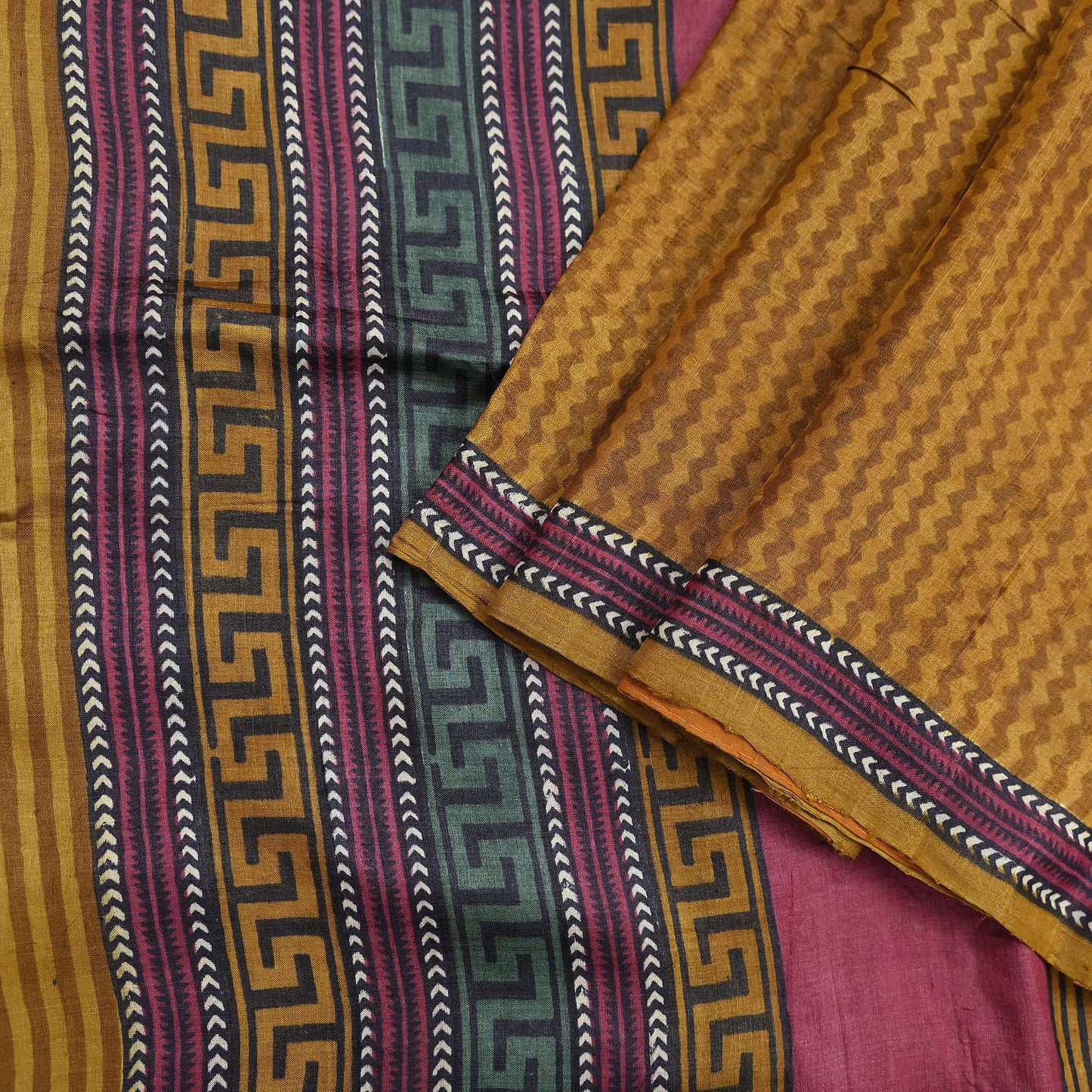 Indian Vintage Mustard Saree Pure Khadi Silk Handloom Printed Sari Fabric 5yd Ethnic Wear Sari Floral Designs Dress making Crafting