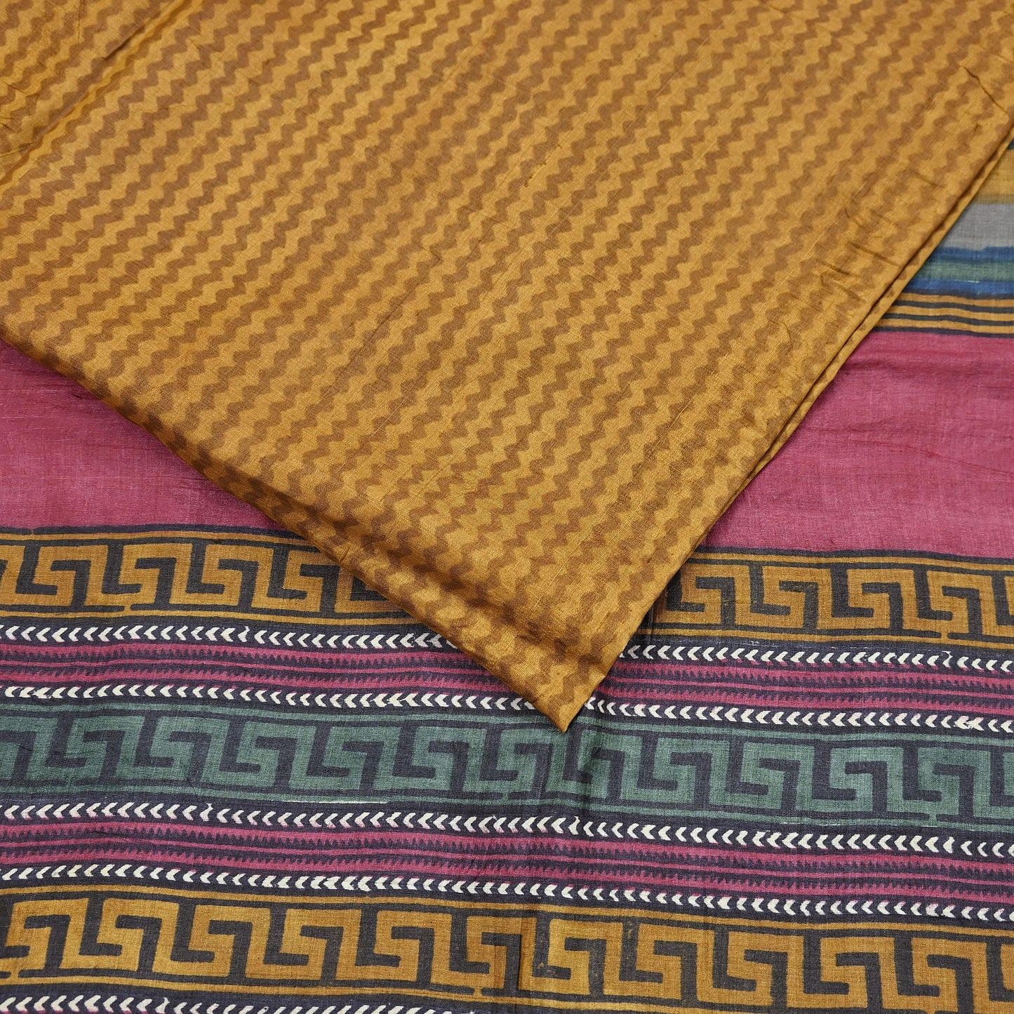 Indian Vintage Mustard Saree Pure Khadi Silk Handloom Printed Sari Fabric 5yd Ethnic Wear Sari Floral Designs Dress making Crafting