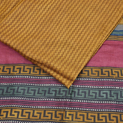 Indian Vintage Mustard Saree Pure Khadi Silk Handloom Printed Sari Fabric 5yd Ethnic Wear Sari Floral Designs Dress making Crafting