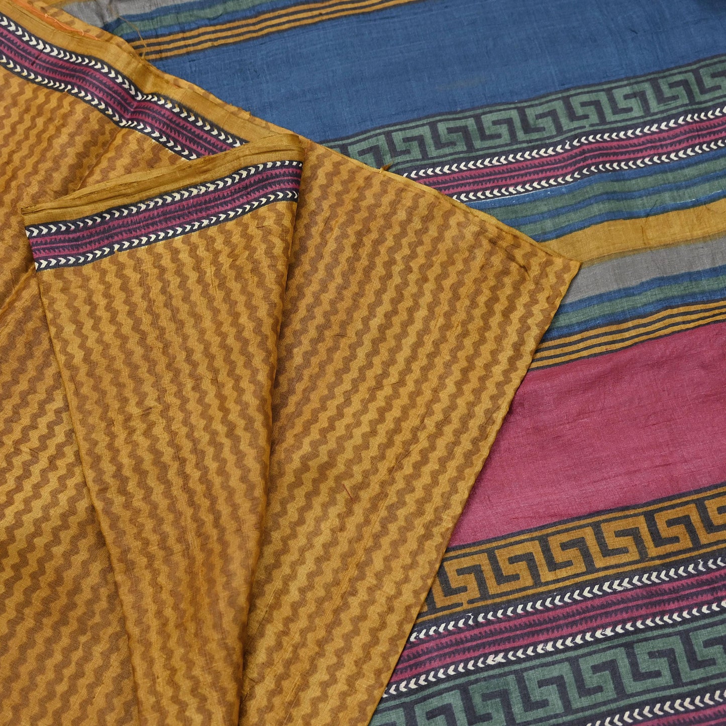 Indian Vintage Mustard Saree Pure Khadi Silk Handloom Printed Sari Fabric 5yd Ethnic Wear Sari Floral Designs Dress making Crafting
