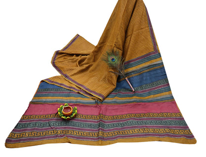 Indian Vintage Mustard Saree Pure Khadi Silk Handloom Printed Sari Fabric 5yd Ethnic Wear Sari Floral Designs Dress making Crafting