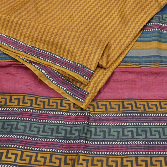 Indian Vintage Mustard Saree Pure Khadi Silk Handloom Printed Sari Fabric 5yd Ethnic Wear Sari Floral Designs Dress making Crafting