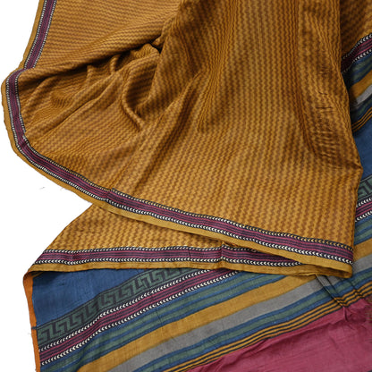 Indian Vintage Mustard Saree Pure Khadi Silk Handloom Printed Sari Fabric 5yd Ethnic Wear Sari Floral Designs Dress making Crafting