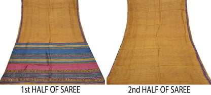 Indian Vintage Mustard Saree Pure Khadi Silk Handloom Printed Sari Fabric 5yd Ethnic Wear Sari Floral Designs Dress making Crafting
