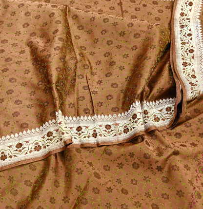Indian Vintage Brown Heavy Wedding Saree Pure Satin Silk Woven Tanchoi Brocade Sari Fabric Golden Zari 5Yard Indian Sari