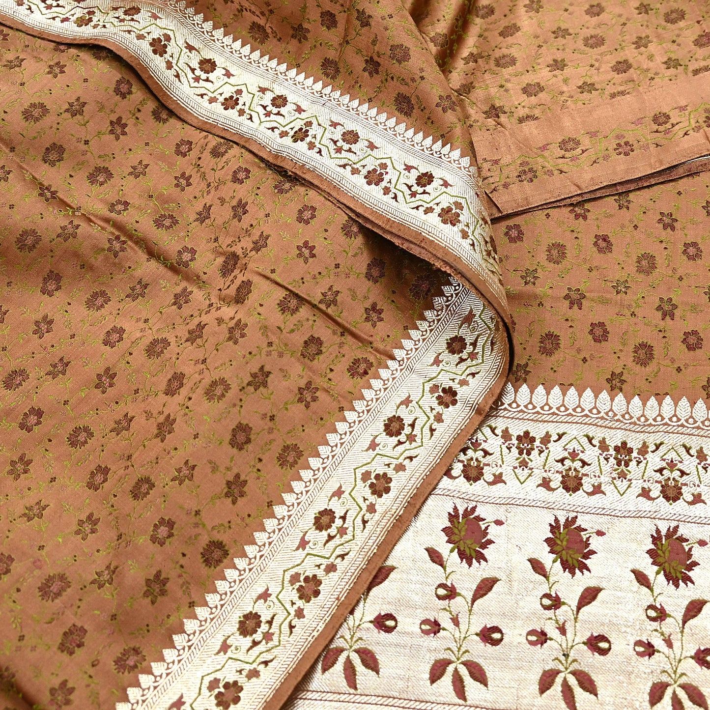 Indian Vintage Brown Heavy Wedding Saree Pure Satin Silk Woven Tanchoi Brocade Sari Fabric Golden Zari 5Yard Indian Sari