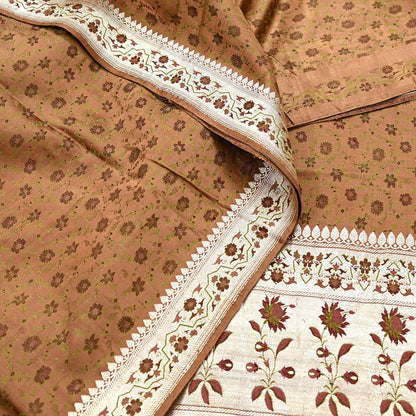 Indian Vintage Brown Heavy Wedding Saree Pure Satin Silk Woven Tanchoi Brocade Sari Fabric Golden Zari 5Yard Indian Sari