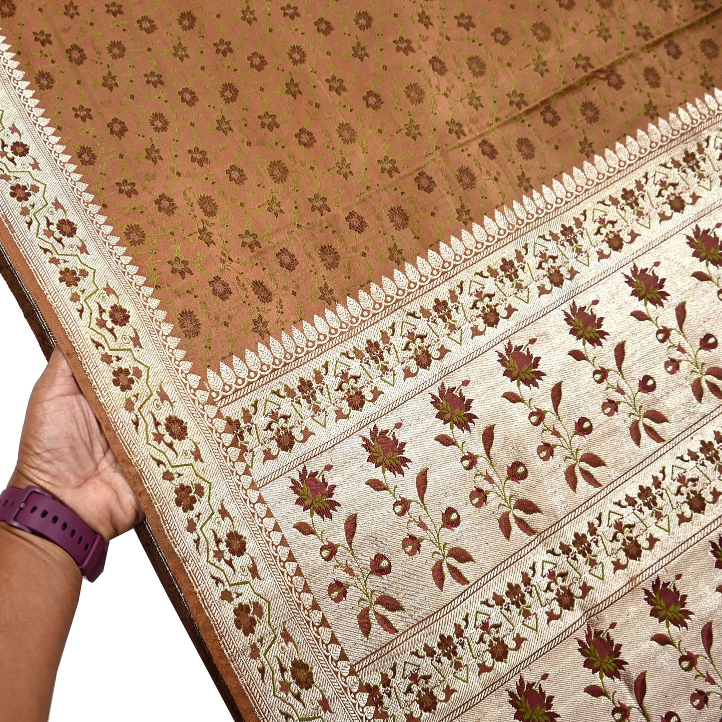 Indian Vintage Brown Heavy Wedding Saree Pure Satin Silk Woven Tanchoi Brocade Sari Fabric Golden Zari 5Yard Indian Sari