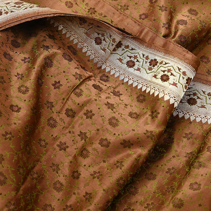 Indian Vintage Brown Heavy Wedding Saree Pure Satin Silk Woven Tanchoi Brocade Sari Fabric Golden Zari 5Yard Indian Sari