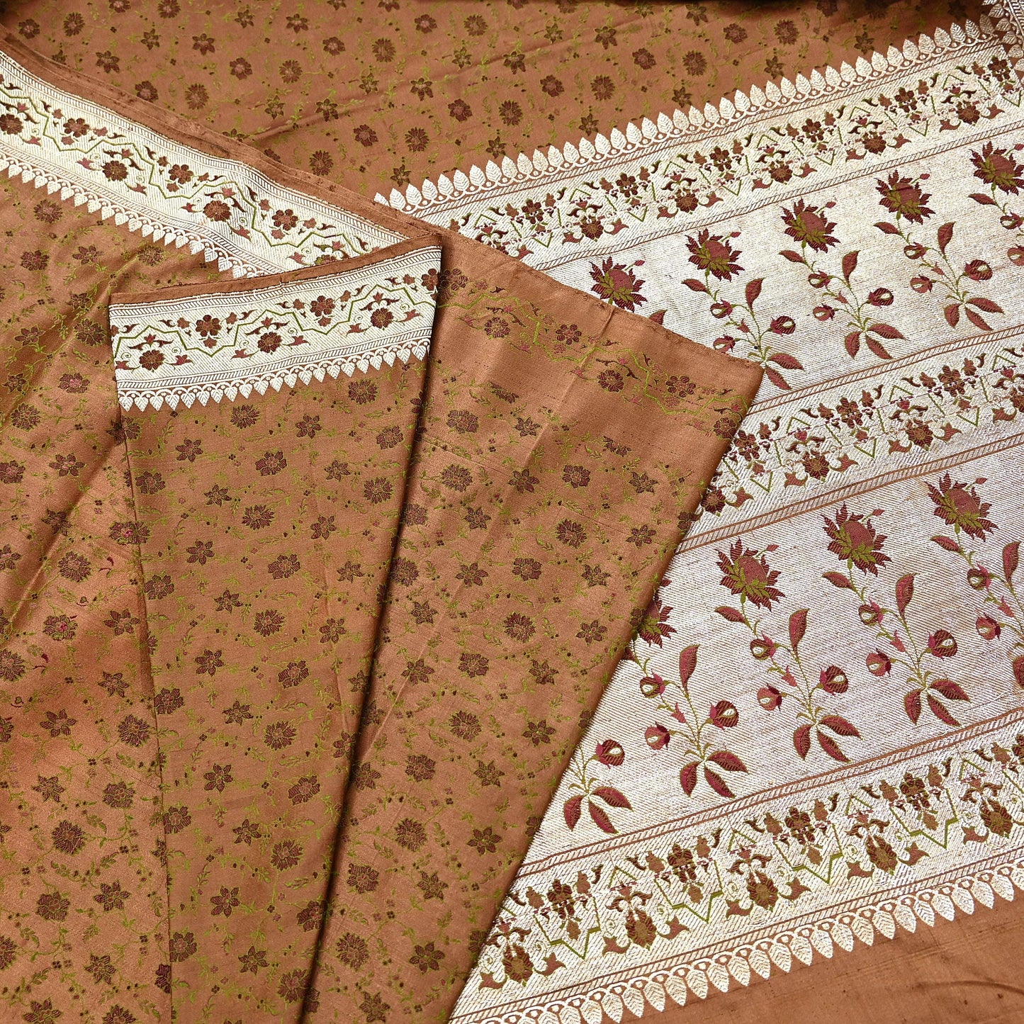 Indian Vintage Brown Heavy Wedding Saree Pure Satin Silk Woven Tanchoi Brocade Sari Fabric Golden Zari 5Yard Indian Sari