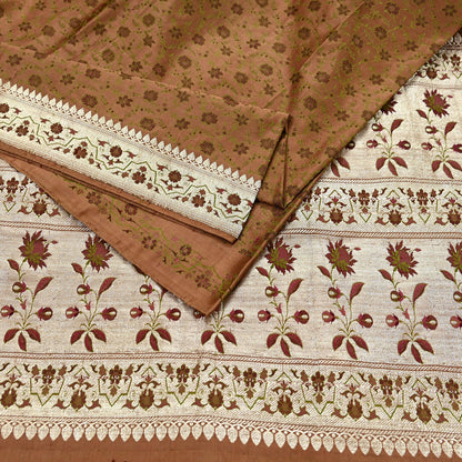 Indian Vintage Brown Heavy Wedding Saree Pure Satin Silk Woven Tanchoi Brocade Sari Fabric Golden Zari 5Yard Indian Sari