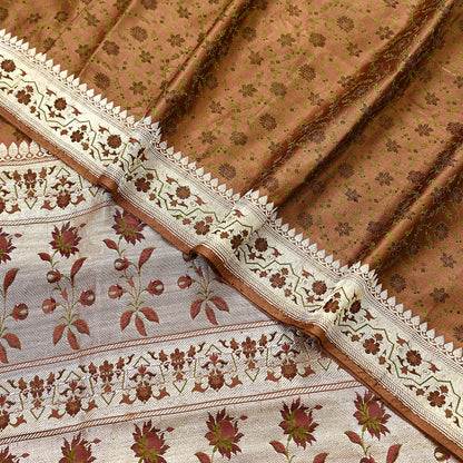 Indian Vintage Brown Heavy Wedding Saree Pure Satin Silk Woven Tanchoi Brocade Sari Fabric Golden Zari 5Yard Indian Sari