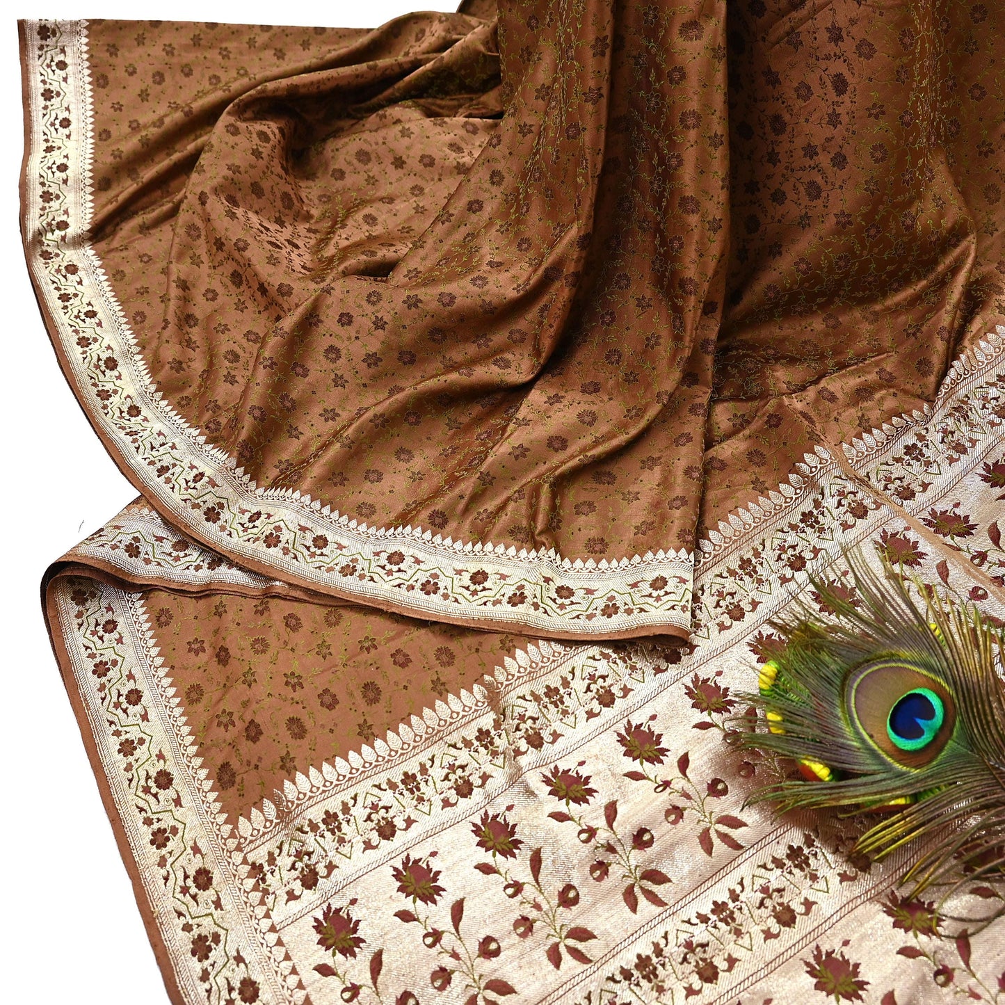 Indian Vintage Brown Heavy Wedding Saree Pure Satin Silk Woven Tanchoi Brocade Sari Fabric Golden Zari 5Yard Indian Sari