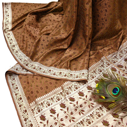 Indian Vintage Brown Heavy Wedding Saree Pure Satin Silk Woven Tanchoi Brocade Sari Fabric Golden Zari 5Yard Indian Sari