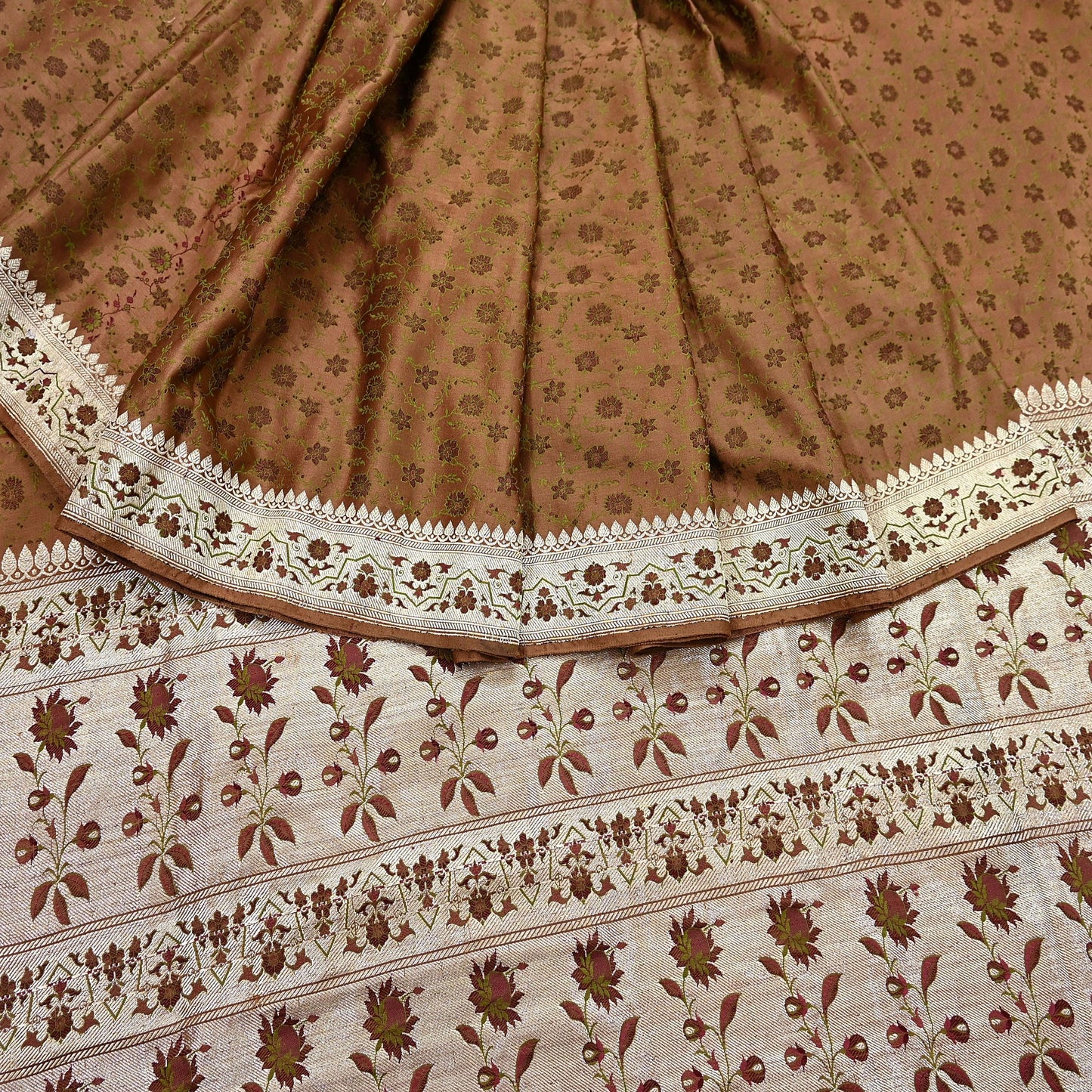 Indian Vintage Brown Heavy Wedding Saree Pure Satin Silk Woven Tanchoi Brocade Sari Fabric Golden Zari 5Yard Indian Sari