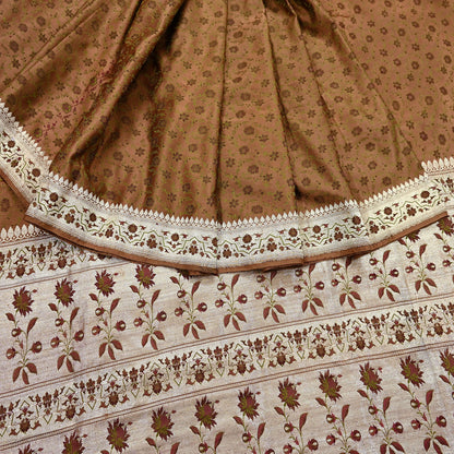 Indian Vintage Brown Heavy Wedding Saree Pure Satin Silk Woven Tanchoi Brocade Sari Fabric Golden Zari 5Yard Indian Sari