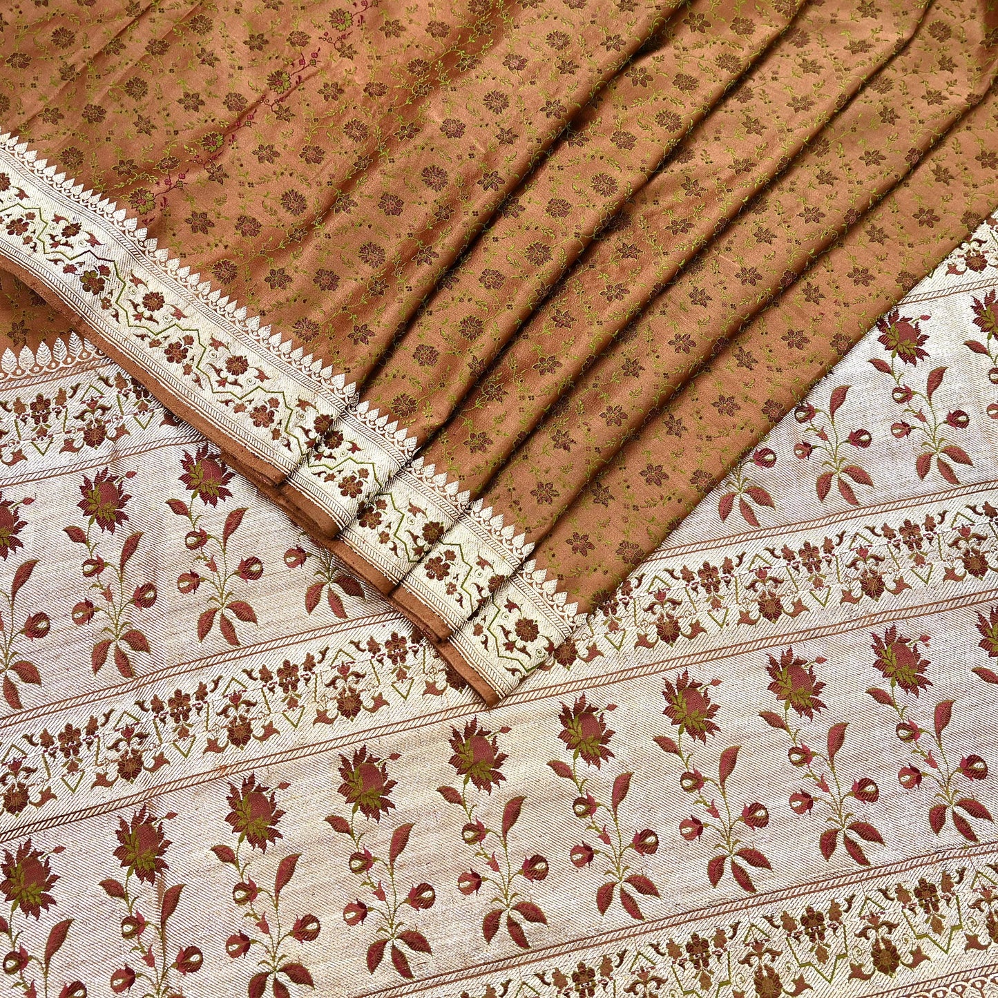 Indian Vintage Brown Heavy Wedding Saree Pure Satin Silk Woven Tanchoi Brocade Sari Fabric Golden Zari 5Yard Indian Sari