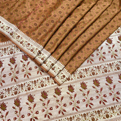 Indian Vintage Brown Heavy Wedding Saree Pure Satin Silk Woven Tanchoi Brocade Sari Fabric Golden Zari 5Yard Indian Sari