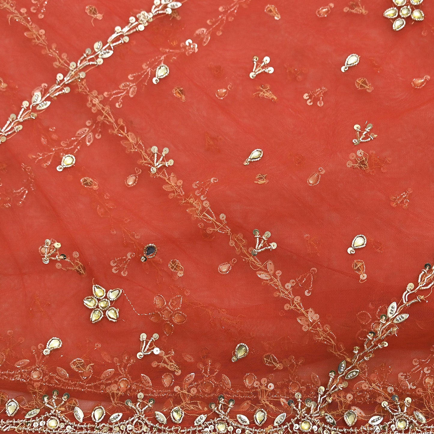 Vintage Bridal Heavy Orange Net Dupatta Hand Embroidered Zardozi, Dabka, Zari, Sequins Work Wedding Veil Stole